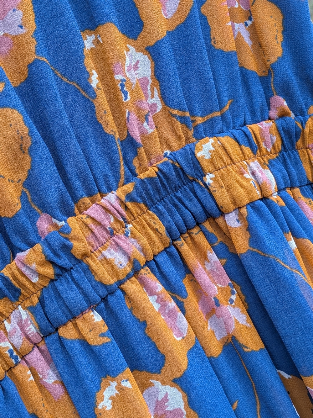 Modcloth Blue Floral Ruffle Neck Midi Dress with Orange & Pink Accent Flowers. - Picture 2 of 7
